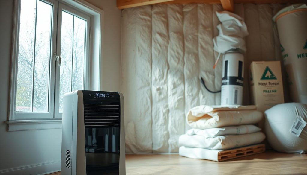 A well-lit interior scene showcasing practical solutions to combat condensation and mold after home insulation. In the foreground, a dehumidifier device stands prominently, its sleek design and digital display conveying modern efficiency. The middle ground features a window with water droplets on the glass, indicating the humidity problem. In the background, a variety of insulation materials such as fiberglass batts and spray foam are visible, hinting at the proper installation techniques. The lighting is soft and diffused, creating a calm, informative atmosphere. The overall composition guides the viewer's eye through the key elements of the practical solutions for this common household issue.