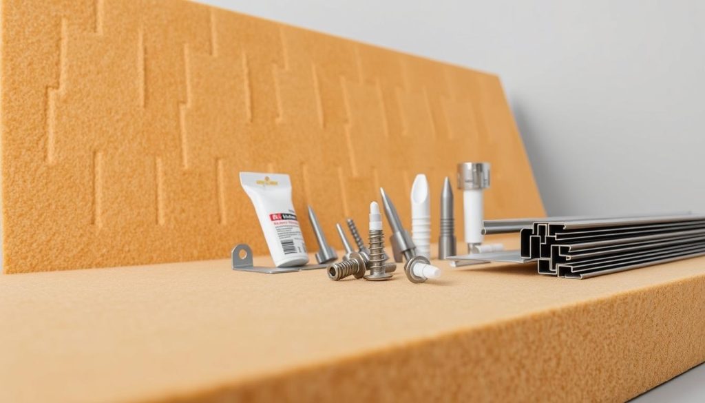 An exterior insulation system, its components neatly arranged against a clean, minimalist background. In the foreground, high-density insulation panels in a warm earth tone, their textured surfaces catching the soft, diffused lighting. In the middle ground, various insulation fasteners, adhesives, and finishing trims, their metallic accents gleaming. The background is a neutral, architectural backdrop, emphasizing the technical nature of the scene. The overall mood is one of precision, organization, and the careful preparation required for a successful DIY exterior insulation project.