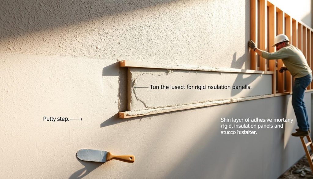 An exterior wall section showcasing the key steps of stucco insulation installation. A smooth, freshly plastered surface occupies the foreground, with a trowel and putty knife resting nearby. In the middle ground, a worker carefully applies a thin layer of adhesive mortar, readying the substrate for rigid insulation panels. The background reveals the wall's structural framing, highlighting the layered composition of this insulation system. Natural daylight filters in from the side, casting soft shadows and emphasizing the textures of the materials. An overall sense of precision, craftsmanship, and attention to detail permeates the scene. An exterior wall section showcasing the key steps of stucco insulation installation. A smooth, freshly plastered surface occupies the foreground, with a trowel and putty knife resting nearby. In the middle ground, a worker carefully applies a thin layer of adhesive mortar, readying the substrate for rigid insulation panels. The background reveals the wall's structural framing, highlighting the layered composition of this insulation system. Natural daylight filters in from the side, casting soft shadows and emphasizing the textures of the materials. An overall sense of precision, craftsmanship, and attention to detail permeates the scene.