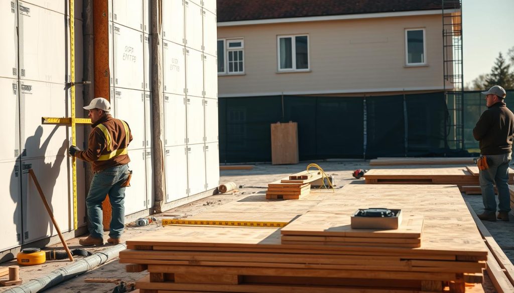 A construction site with a focus on the preparation and tracing of an exterior insulation system. In the foreground, workers carefully measure and mark the wall surface, ensuring precise placement of the insulation panels. The middle ground showcases the various tools and materials necessary for the task, such as measuring tapes, chalk lines, and insulation boards. In the background, the existing facade of the building is visible, providing context for the insulation process. The scene is illuminated by natural daylight, casting warm, soft shadows that enhance the texture of the materials. The overall atmosphere conveys a sense of meticulous planning and attention to detail, reflecting the importance of proper preparation for a successful exterior insulation installation.