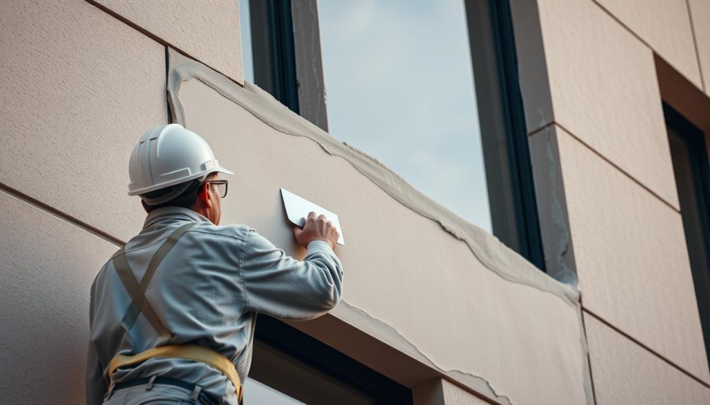 A construction worker meticulously applying a smooth, even layer of exterior insulation finishing system (EIFS) to the facade of a modern building. The application is carried out with a putty knife, leaving a uniform, seamless texture that will provide long-lasting thermal and weather protection. Warm, diffused lighting illuminates the scene, highlighting the care and attention to detail in the process. The worker's movements are deliberate and precise, ensuring a high-quality finish that will enhance the building's energy efficiency and durability.