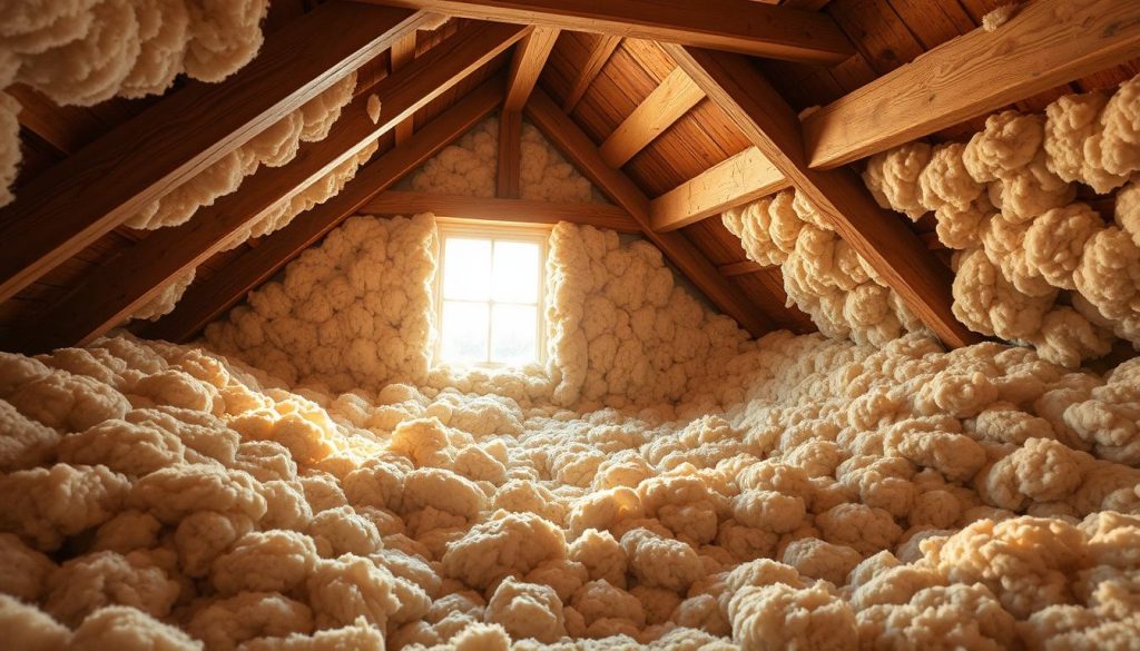A cozy, well-insulated attic space filled with the soft, fluffy texture of sheep's wool insulation. Sunlight filters through a single window, casting warm, golden hues across the exposed wooden beams and trusses. The wool's natural cream and gray tones create a serene, rustic ambiance, complemented by the weathered wood tones. The insulation appears neatly installed, ensuring optimal thermal performance and a comfortable living environment. The overall scene conveys a sense of energy efficiency, sustainability, and the natural beauty of sheep's wool as a building material.