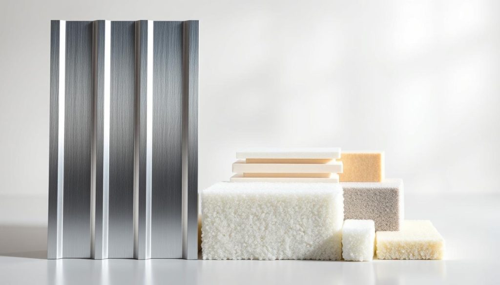 A high-quality, detailed comparison of aluminum insulation panels against a neutral background. The foreground features two aluminum panels in contrasting finishes - a brushed silver panel and a reflective metallic panel. The middle ground showcases a variety of insulation materials like fiberglass, rigid foam, and mineral wool, arranged neatly. The background is a softly blurred, clean white studio setting, with subtle hints of shadow and light to create depth and dimensionality. The overall tone is professional, informative, and visually appealing, suited to illustrate a section on insulation comparisons.
