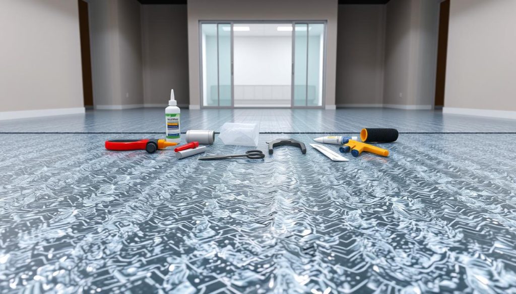 A highly detailed, photorealistic image of a waterproof installation membrane, showcasing the key steps of a successful installation. The membrane is depicted in the foreground, with its intricate texture and translucent quality clearly visible. The middle ground features a carefully laid out set of tools, adhesives, and other accessories required for the installation process. The background presents a clean, well-lit interior space, highlighting the importance of proper preparation and attention to detail during the installation. The overall scene conveys a sense of professionalism, precision, and the technical expertise required for a successful waterproof membrane installation. A highly detailed, photorealistic image of a waterproof installation membrane, showcasing the key steps of a successful installation. The membrane is depicted in the foreground, with its intricate texture and translucent quality clearly visible. The middle ground features a carefully laid out set of tools, adhesives, and other accessories required for the installation process. The background presents a clean, well-lit interior space, highlighting the importance of proper preparation and attention to detail during the installation. The overall scene conveys a sense of professionalism, precision, and the technical expertise required for a successful waterproof membrane installation.