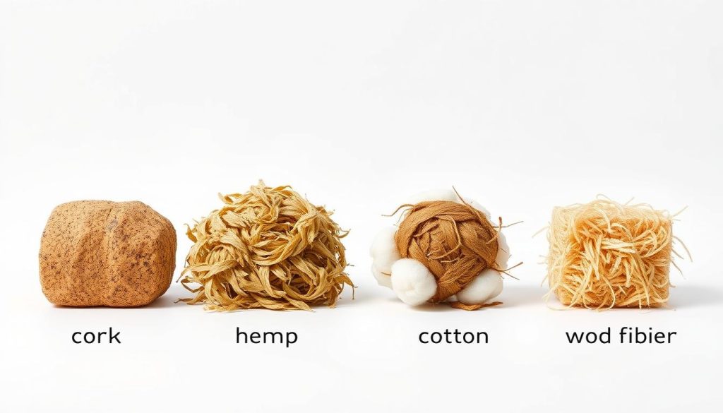 A meticulously rendered side-by-side comparison of four natural insulation materials - cork, hemp, cotton, and wood fiber - against a clean white background, with crisp lighting accentuating their textures and properties. The materials are presented in an organized grid, allowing for detailed examination of their unique characteristics. The scene conveys a sense of scientific inquiry and objectivity, inviting the viewer to closely inspect and evaluate the comparative merits of these eco-friendly insulation alternatives. A meticulously rendered side-by-side comparison of four natural insulation materials - cork, hemp, cotton, and wood fiber - against a clean white background, with crisp lighting accentuating their textures and properties. The materials are presented in an organized grid, allowing for detailed examination of their unique characteristics. The scene conveys a sense of scientific inquiry and objectivity, inviting the viewer to closely inspect and evaluate the comparative merits of these eco-friendly insulation alternatives.