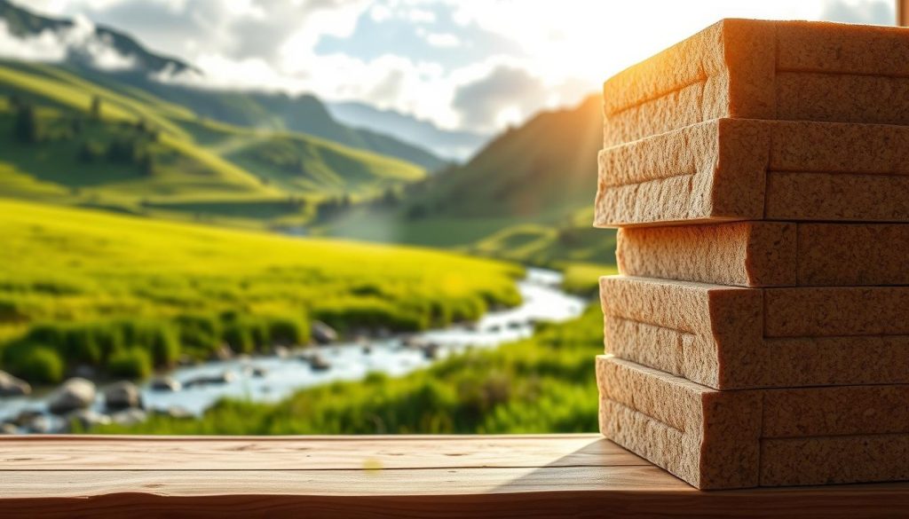 A serene and tranquil scene showcasing the natural beauty of eco-friendly insulation materials. In the foreground, a stack of sustainable insulation blocks made from recycled cork, hemp, wood fiber, and cotton wadding. The mid-ground features a lush, verdant landscape with rolling hills and a tranquil stream, symbolizing the environmental harmony of these materials. Soft, diffused natural lighting filters through wispy clouds, creating a warm, inviting atmosphere. The background depicts a picturesque mountainous horizon, emphasizing the organic, rustic qualities of the insulation products. The overall composition conveys a sense of harmony, sustainability, and the inherent advantages of choosing eco-friendly thermal insulation solutions. A serene and tranquil scene showcasing the natural beauty of eco-friendly insulation materials. In the foreground, a stack of sustainable insulation blocks made from recycled cork, hemp, wood fiber, and cotton wadding. The mid-ground features a lush, verdant landscape with rolling hills and a tranquil stream, symbolizing the environmental harmony of these materials. Soft, diffused natural lighting filters through wispy clouds, creating a warm, inviting atmosphere. The background depicts a picturesque mountainous horizon, emphasizing the organic, rustic qualities of the insulation products. The overall composition conveys a sense of harmony, sustainability, and the inherent advantages of choosing eco-friendly thermal insulation solutions.