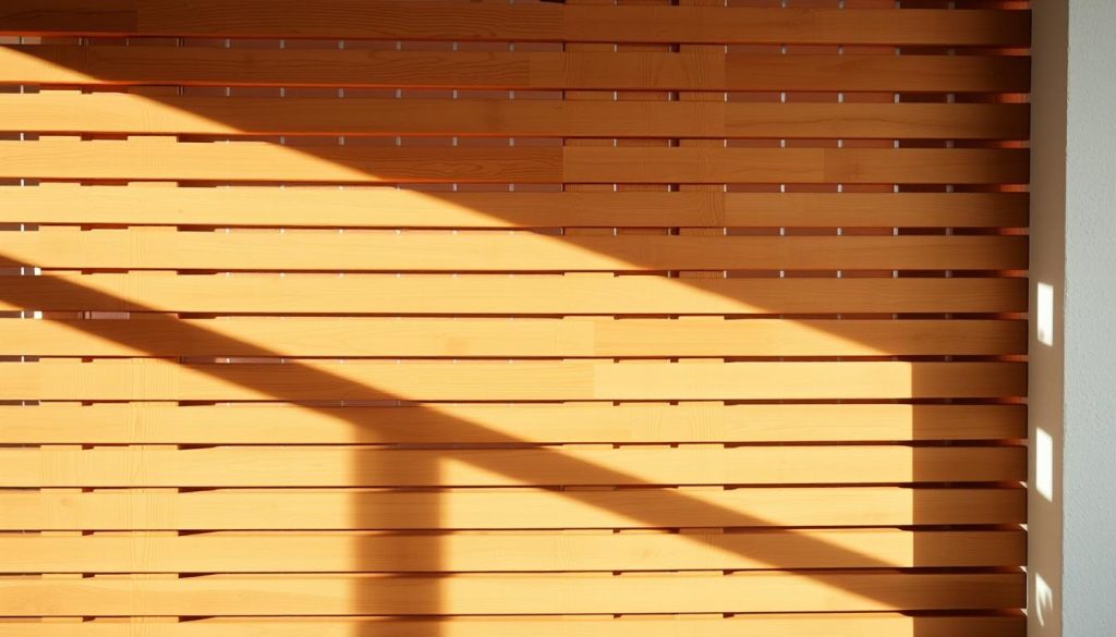 A serene wooden slatted screen, delicately crafted with warm, natural tones. The slats are meticulously arranged in a horizontal pattern, casting gentle shadows and creating a sense of depth and texture. The screen is positioned in a well-lit, airy environment, with soft, diffused lighting illuminating the wood's grain and highlighting its rustic charm. The overall composition conveys a tranquil, handcrafted aesthetic, perfectly suited to illustrate the DIY process of creating a wooden privacy screen or slatted fence.