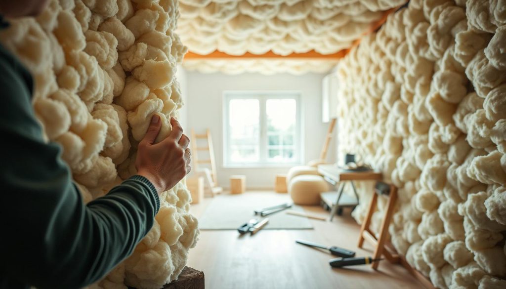 A well-insulated home with a cozy, natural aesthetic. An interior scene showcasing the installation of sheep's wool insulation, with a focus on the technique and process. Soft, diffused lighting illuminates the texture and composition of the materials, highlighting their inherent warmth and sustainability. In the foreground, a skilled worker carefully positions the insulation, their hands delicately guiding the fluffy, off-white fibers into place. The middle ground features a clean, minimalist workspace, with tools and materials neatly organized, conveying a sense of efficiency and attention to detail. The background displays the broader context, revealing the inviting, earthy tones of the room's design, creating an atmosphere of comfort and environmental consciousness.