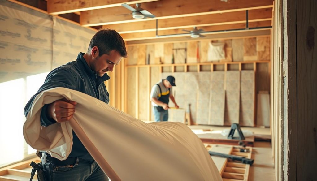 A well-lit construction site, with workers meticulously preparing the area for insulation installation. In the foreground, a worker carefully unrolls a large sheet of vapor barrier, ensuring proper overlap and sealing. In the middle ground, another worker measures and cuts insulation panels, their focus evident in their brow. In the background, tools and materials are neatly organized, conveying a sense of efficiency and attention to detail. The scene is bathed in warm, natural lighting, highlighting the textures of the materials and the diligence of the workers. The overall atmosphere is one of calm, purposeful preparation, setting the stage for a successful insulation project. A well-lit construction site, with workers meticulously preparing the area for insulation installation. In the foreground, a worker carefully unrolls a large sheet of vapor barrier, ensuring proper overlap and sealing. In the middle ground, another worker measures and cuts insulation panels, their focus evident in their brow. In the background, tools and materials are neatly organized, conveying a sense of efficiency and attention to detail. The scene is bathed in warm, natural lighting, highlighting the textures of the materials and the diligence of the workers. The overall atmosphere is one of calm, purposeful preparation, setting the stage for a successful insulation project.