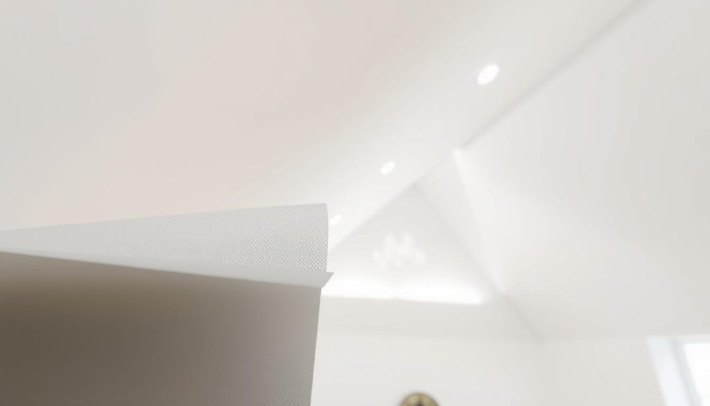 A well-lit, high-resolution architectural rendering of membranes with hygrovariable properties used for airtight ceiling solutions. The membranes are featured in the foreground, showcasing their textural details and semi-transparent material. The middle ground depicts a modern, minimalist ceiling design with recessed lighting fixtures, while the background features a soft, out-of-focus interior space with clean lines and neutral tones. The overall scene conveys a sense of functionality, energy efficiency, and contemporary design aesthetic suitable for attic spaces and sloped ceilings.