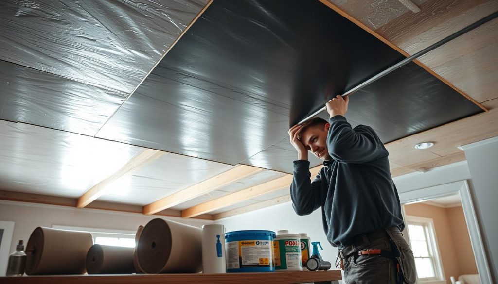 A well-lit interior scene showcasing the process of ceiling waterproofing. In the foreground, a skilled worker meticulously applies a sealant or membrane to a ceiling, using specialized tools and techniques. The middle ground features various waterproofing products, including rolls, canisters, and application tools, neatly arranged on a workbench. The background depicts the structure of the ceiling, with exposed rafters, insulation, and a glimpse of the room beyond, suggesting the importance of effective ceiling sealing for a comfortable, energy-efficient living space. The scene conveys a sense of professionalism, attention to detail, and the care required for a successful ceiling waterproofing installation.