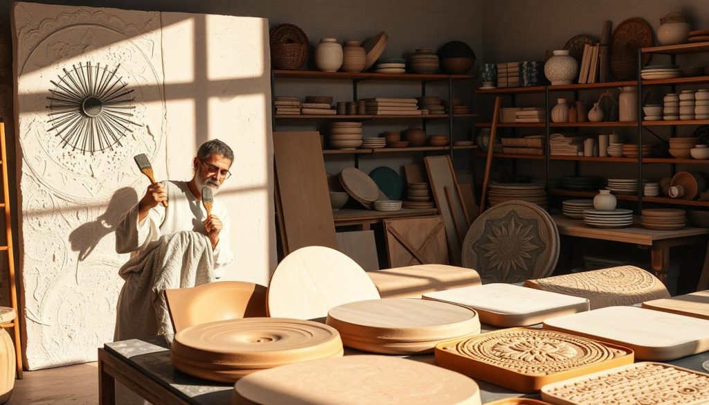 A well-lit studio setting showcasing various decorative finishing techniques. In the foreground, a skilled artisan demonstrates the application of tadelakt, a traditional Moroccan plaster technique, using specialized tools and gestures. The middle ground features a selection of decorative clay finishes, from smooth polished surfaces to textured relief patterns. In the background, shelves display an array of decorative materials, pigments, and tools, hinting at the diverse palette of finishes available for interior design. The lighting is soft and natural, casting warm shadows that accentuate the tactile qualities of the finishes. An atmosphere of craftsmanship and creativity pervades the scene, inspiring the viewer to explore the possibilities of decorative plasters and clays. A well-lit studio setting showcasing various decorative finishing techniques. In the foreground, a skilled artisan demonstrates the application of tadelakt, a traditional Moroccan plaster technique, using specialized tools and gestures. The middle ground features a selection of decorative clay finishes, from smooth polished surfaces to textured relief patterns. In the background, shelves display an array of decorative materials, pigments, and tools, hinting at the diverse palette of finishes available for interior design. The lighting is soft and natural, casting warm shadows that accentuate the tactile qualities of the finishes. An atmosphere of craftsmanship and creativity pervades the scene, inspiring the viewer to explore the possibilities of decorative plasters and clays.