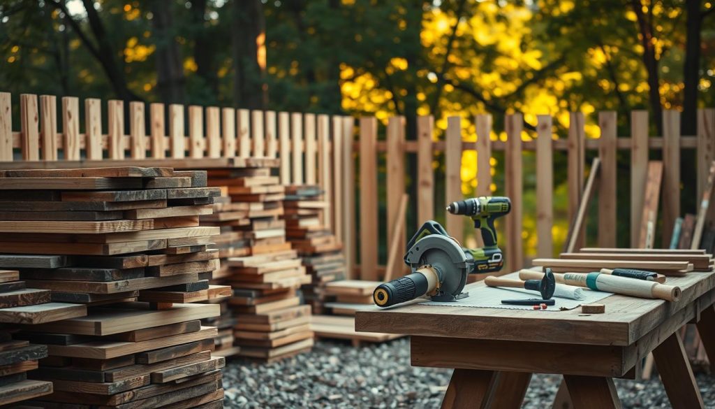 A well-organized construction site for a wooden fence project. In the foreground, stacks of wooden boards, planks, and posts are neatly arranged, ready for assembly. In the middle ground, power tools such as a circular saw, electric drill, and hammer lie on a sturdy workbench, illuminated by warm, natural lighting filtering through the trees in the background. The overall atmosphere conveys a sense of productive preparation, with a rustic, earthy tone that matches the wooden materials. The composition emphasizes the key elements needed to undertake the DIY fence construction project, creating a visually appealing and informative image.