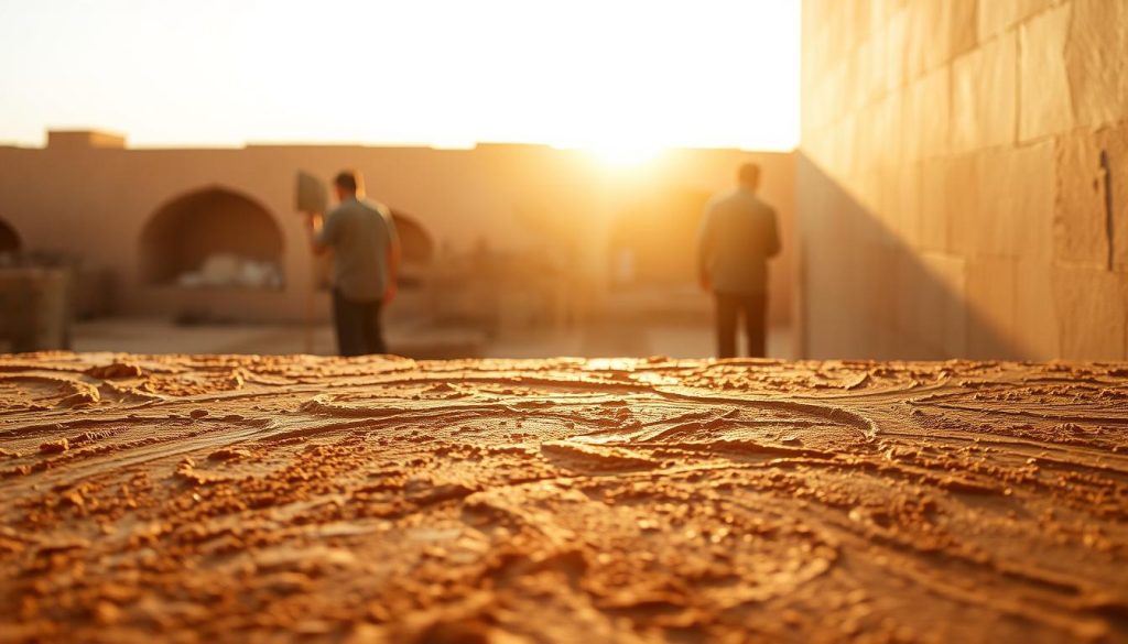Dramatic scene showcasing advanced techniques in tadelakt and clay plaster. In the foreground, the textured surfaces of tadelakt and clay come to life, with subtle variations in tone and finish. In the middle ground, skilled artisans meticulously apply the materials, their movements captured in fluid, graceful strokes. The background is bathed in warm, golden light, casting a serene, contemplative atmosphere over the entire composition. The image conveys a sense of mastery, precision, and the tactile beauty of these traditional decorative finishes. Dramatic scene showcasing advanced techniques in tadelakt and clay plaster. In the foreground, the textured surfaces of tadelakt and clay come to life, with subtle variations in tone and finish. In the middle ground, skilled artisans meticulously apply the materials, their movements captured in fluid, graceful strokes. The background is bathed in warm, golden light, casting a serene, contemplative atmosphere over the entire composition. The image conveys a sense of mastery, precision, and the tactile beauty of these traditional decorative finishes.