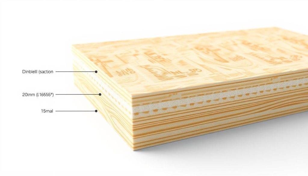 High-resolution, photorealistic technical illustration of the cross-section of a high-density wood fiber insulation panel, showing its internal structure and key specifications. The panel is depicted in sharp focus, with a clean white background. The image highlights the panel's layered construction, thermal and acoustic insulation properties, and dimensional details. The lighting is neutral and emphasizes the technical nature of the subject. The angle is slightly angled to provide a clear, informative view of the panel's characteristics.