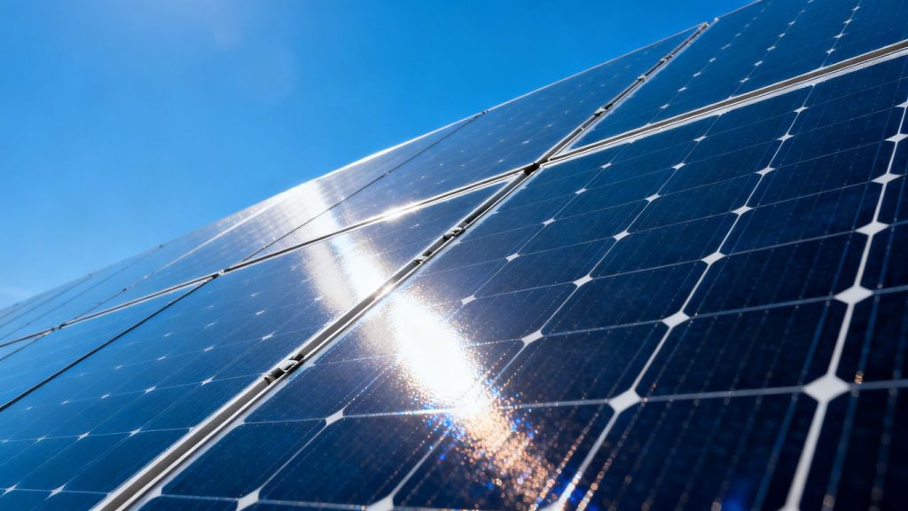 Panneaux solaires modernes sous un ciel bleu lumineux.