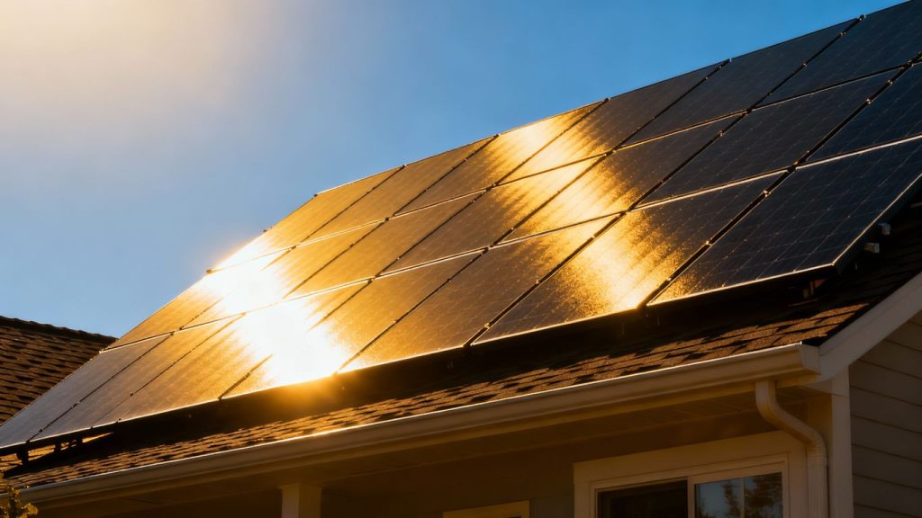 Panneaux solaires sur un toit sous le soleil.