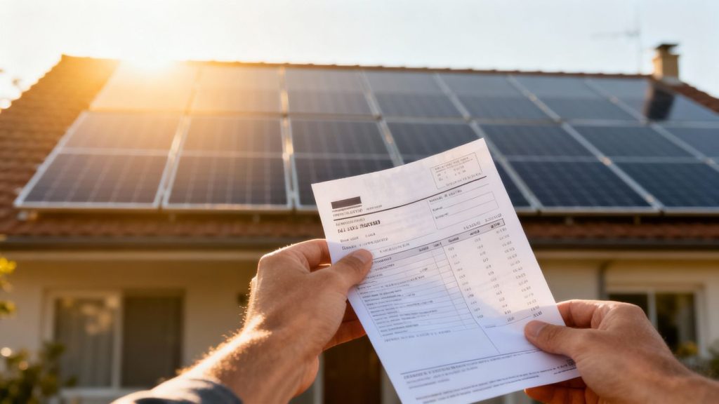 Panneaux solaires sur un toit avec une facture.