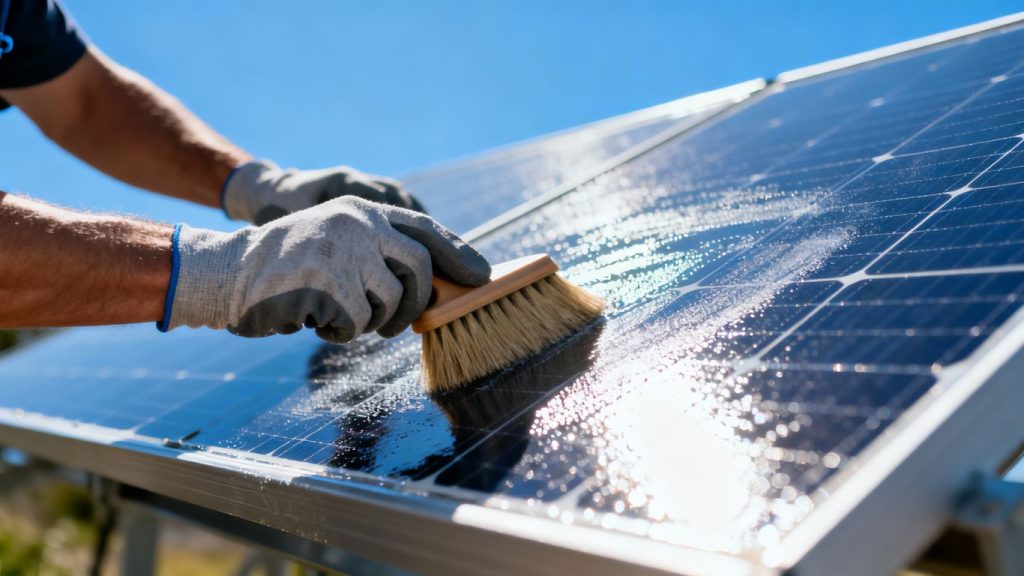 Nettoyage de panneaux solaires avec un chiffon doux.