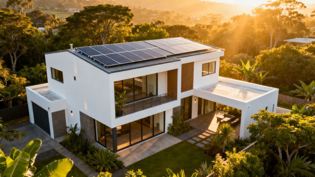 Maison moderne et écologique avec panneaux solaires.