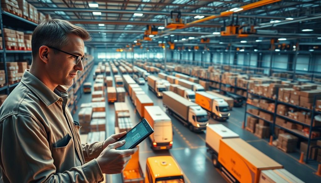 A bustling logistics hub, with couriers and cargo vehicles in a harmonious dance. A central sorting station, surrounded by shelves stocked with parcels, illuminated by warm, diffused lighting. In the foreground, a worker diligently tracking shipment statuses on a sleek, touchscreen interface, their expression focused yet calm. In the middle ground, delivery vans and trucks queue up, their drivers efficiently loading and unloading packages. In the background, a network of overhead conveyors and automated systems seamlessly move packages between stations. The overall atmosphere conveys a sense of organized efficiency, with technology and human expertise working in tandem to optimize the coordination of deliveries. A bustling logistics hub, with couriers and cargo vehicles in a harmonious dance. A central sorting station, surrounded by shelves stocked with parcels, illuminated by warm, diffused lighting. In the foreground, a worker diligently tracking shipment statuses on a sleek, touchscreen interface, their expression focused yet calm. In the middle ground, delivery vans and trucks queue up, their drivers efficiently loading and unloading packages. In the background, a network of overhead conveyors and automated systems seamlessly move packages between stations. The overall atmosphere conveys a sense of organized efficiency, with technology and human expertise working in tandem to optimize the coordination of deliveries.