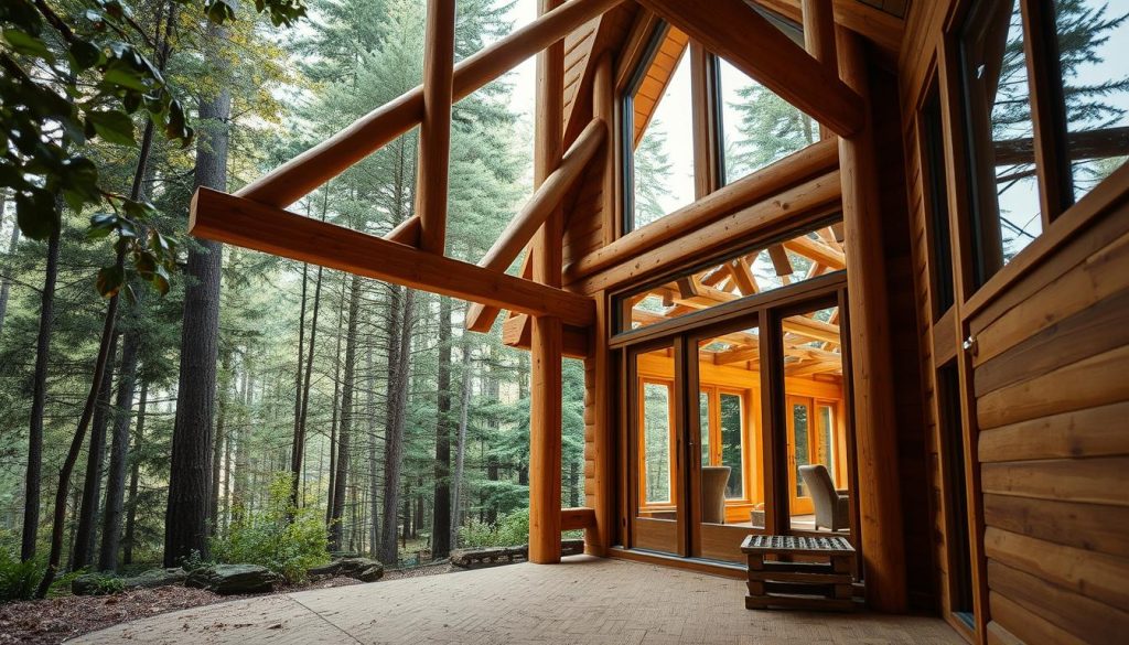 A cozy and well-insulated wooden frame home nestled in a serene, lush forest. The natural wood textures are prominently featured, with a focus on the intricate timber construction and expertly installed insulation materials. Warm, diffused lighting filters through the large windows, casting a soft glow on the interior. The scene conveys a sense of harmony between the built environment and the surrounding wilderness, highlighting the eco-friendly and sustainable nature of this wooden architecture. The overall atmosphere is one of comfort, energy efficiency, and a deep connection to the natural world.
