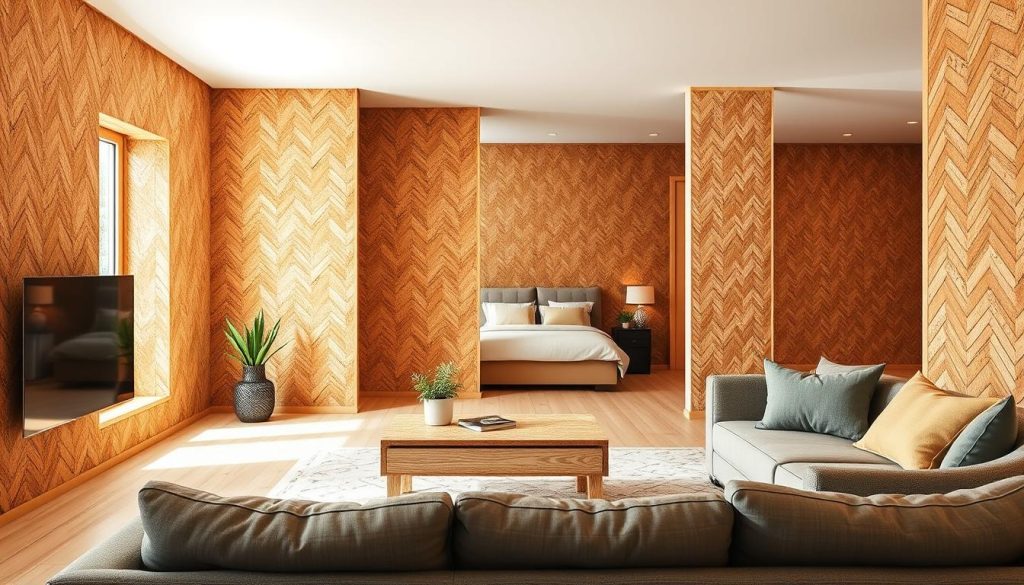 A cozy, well-lit interior showcasing the versatile applications of cork. In the foreground, a modern living room features cork wall panels, providing both insulation and a warm, natural aesthetic. In the middle ground, a cork-topped coffee table and cork flooring create a cohesive, eco-friendly design. The background reveals a cork-insulated bedroom, its walls adorned with decorative cork tiles in a herringbone pattern. Soft, diffused lighting highlights the rich textures and earthy tones of the cork, evoking a sense of tranquility and sustainability. The scene conveys the seamless integration of cork's practical and decorative properties, making it an ideal choice for energy-efficient, nature-inspired living spaces.