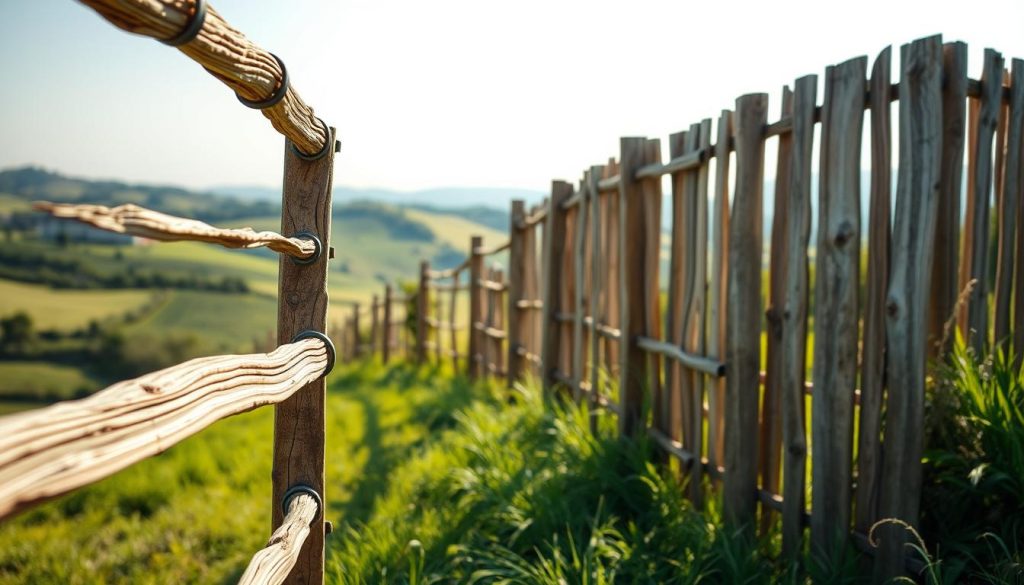 A rustic fence made of sturdy, natural-looking ganivelle slats stands in a picturesque countryside setting. The foreground showcases the detailed construction, with the wooden slats artfully interlocked and secured with weathered metal fittings. The middle ground reveals the fence winding through a lush, verdant landscape, complemented by soft, diffused natural lighting that casts gentle shadows. In the background, rolling hills and a clear sky create a serene, pastoral atmosphere, evoking a sense of timeless charm and durability. The overall scene conveys the simple yet effective method of constructing a long-lasting, rustic fence using traditional ganivelle techniques.