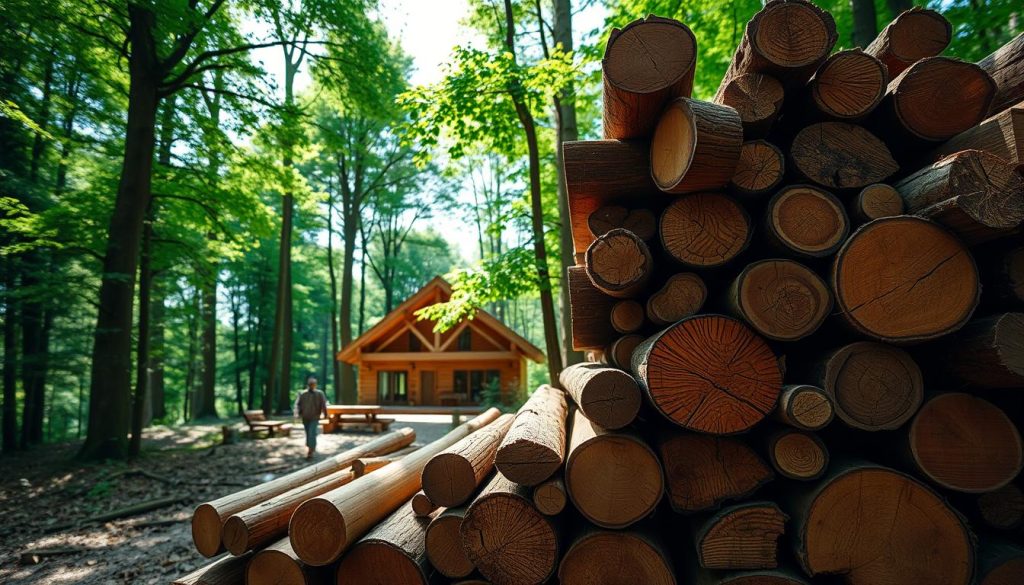 A serene forest scene, with sunlight filtering through the canopy of verdant trees. In the foreground, a stack of neatly arranged wooden logs, their rich textures and grains on full display. The logs are positioned in a way that showcases their ability to store and sequester carbon, a testament to the environmental benefits of using sustainable wood. In the middle ground, a glimpse of a well-crafted wooden structure, its warm hues and elegant design blending seamlessly with the natural surroundings. The overall atmosphere is one of tranquility and harmony, highlighting the symbiotic relationship between wood, nature, and the fight against climate change.