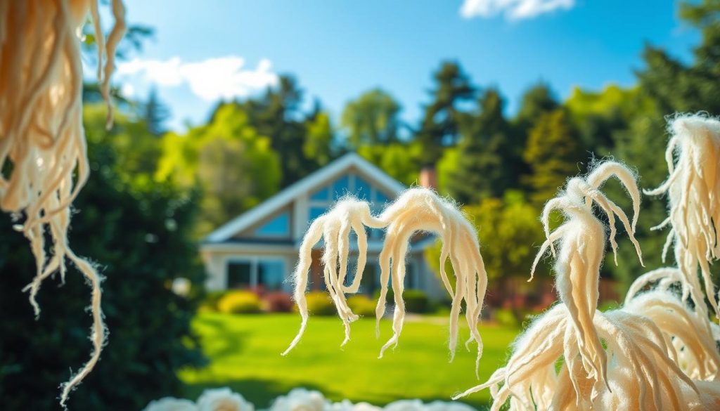 A serene scene of a cozy, well-insulated home surrounded by lush greenery. In the foreground, strands of fluffy, off-white cellulose insulation billow gently, showcasing its natural, eco-friendly properties. The middle ground features a modern, energy-efficient home with large windows that allow natural light to flood the interior. In the background, a verdant landscape with towering trees and a clear blue sky conveys a sense of environmental harmony. The lighting is soft and diffused, creating a warm, inviting atmosphere that highlights the insulation's insulating capabilities and its role in reducing the home's carbon footprint.
