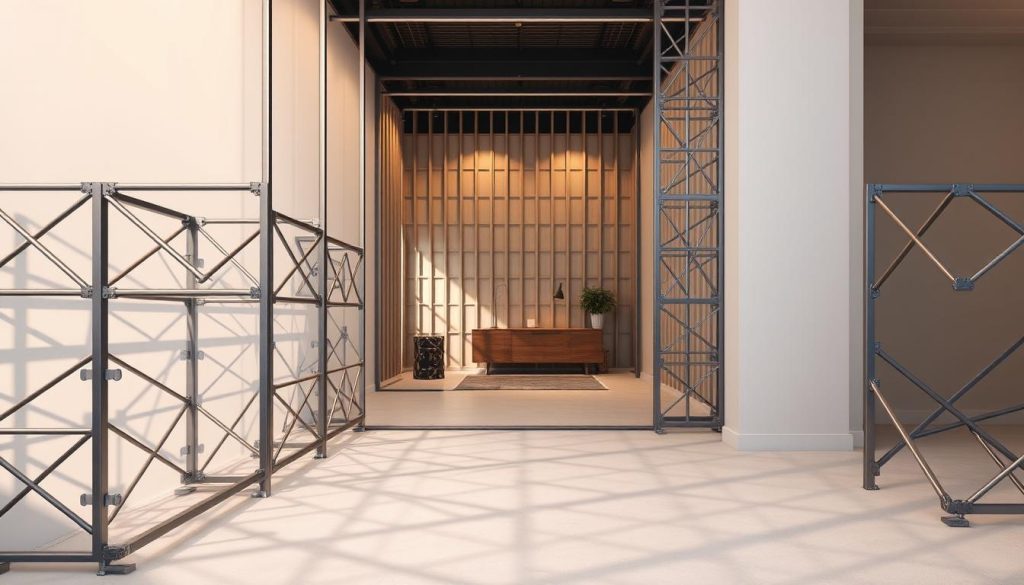 A sleek, metallic acoustic framework stands in the foreground, its intricate lattice of steel beams and bars casting intricate shadows across the scene. In the middle ground, the framework is integrated into the walls, showcasing its role in providing effective sound insulation between adjacent rooms. The background features a serene, minimalist environment, emphasizing the importance of thoughtful acoustic design in creating a peaceful, harmonious living space. Soft, warm lighting illuminates the metallic structure, highlighting its sturdy, yet refined aesthetic. The overall composition conveys the critical balance between functional acoustics and visually appealing design in partition walls.