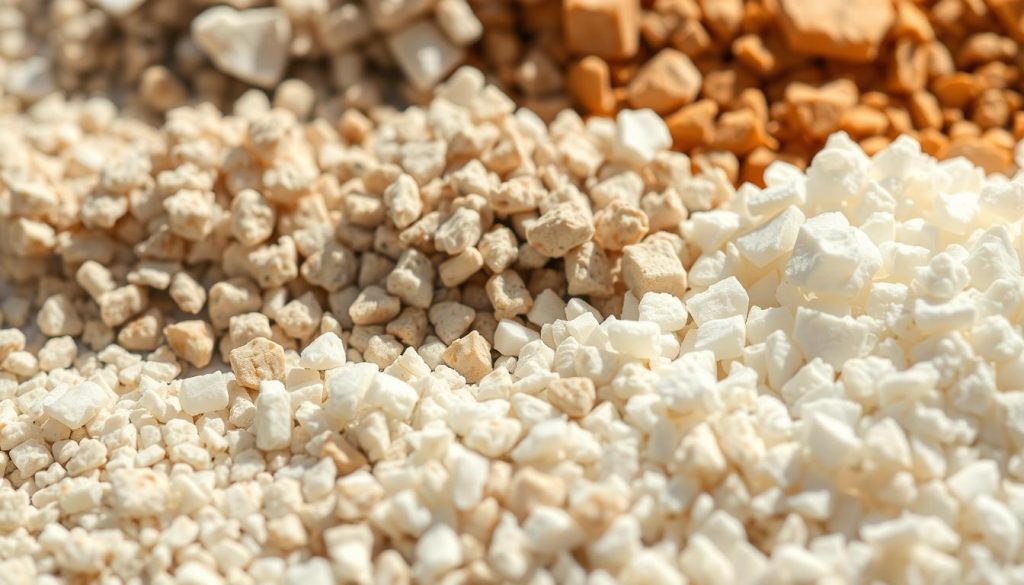 A well-lit, close-up view of various lightweight construction aggregates, including expanded clay, expanded shale, and expanded polystyrene. The granules are arranged in a visually appealing composition, showcasing their unique textures, sizes, and colors. The image has a clean, professional aesthetic, with a slight depth of field to emphasize the materials' tactile qualities. The lighting casts soft shadows, highlighting the three-dimensional nature of the granules and creating a sense of depth and dimensionality. The overall mood is one of informative clarity, suitable for illustrating a technical article on lightweight concrete mixes and construction materials.