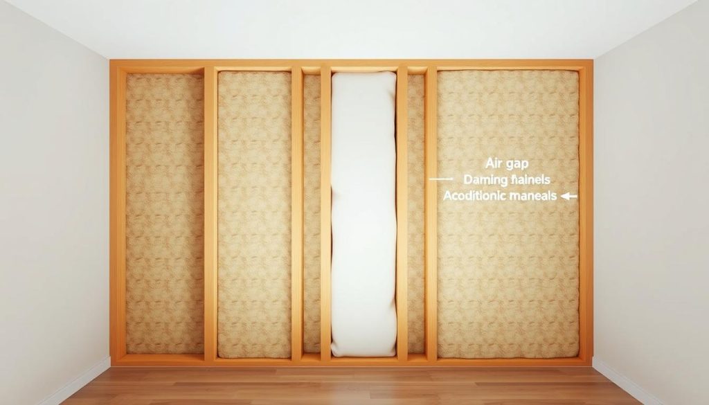 A well-lit, detailed cross-section of a wall cavity showing the acoustic insulation materials and construction techniques used to achieve optimal sound isolation between two bedrooms. The foreground features the acoustic panels, their thickness and density, along with the spacing and placement of the studs. The middle ground showcases the air gap and any additional damping materials used. The background subtly indicates the wall finishes on either side. The lighting is soft and natural, emphasizing the textures and technical aspects of the insulation system. The overall mood is informative and educational, conveying a sense of technical expertise and practicality.
