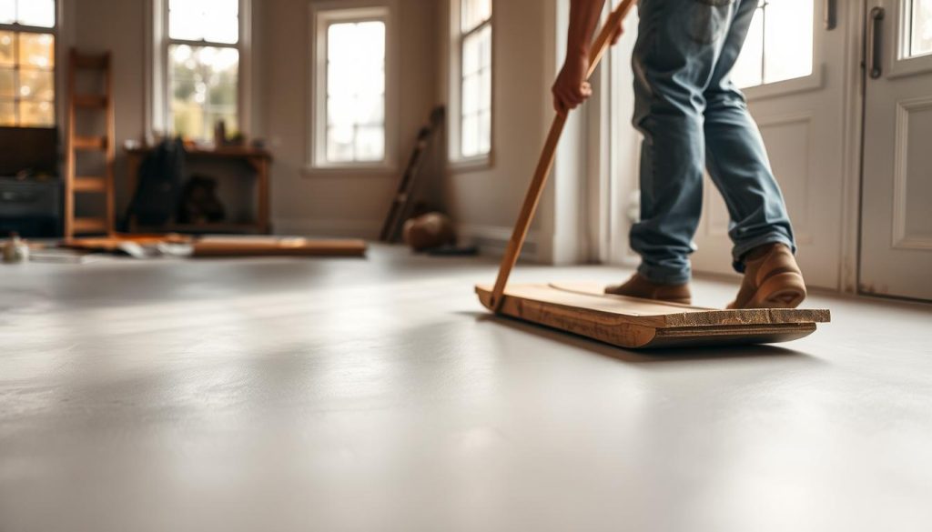 A well-lit, high-angle view of a lightweight concrete screed being poured onto a residential floor. The screed is a pale gray, smooth and even, with a slight sheen. In the foreground, a construction worker is carefully leveling the surface with a long wooden float, creating a uniform and flat finish. Behind them, the room is partially obscured, hinting at the larger context of the home renovation. Warm, diffused natural light filters in from windows, casting soft shadows and giving the scene a calm, focused atmosphere. The entire composition conveys the step-by-step process of creating a lightweight, expertly-installed concrete floor screed.