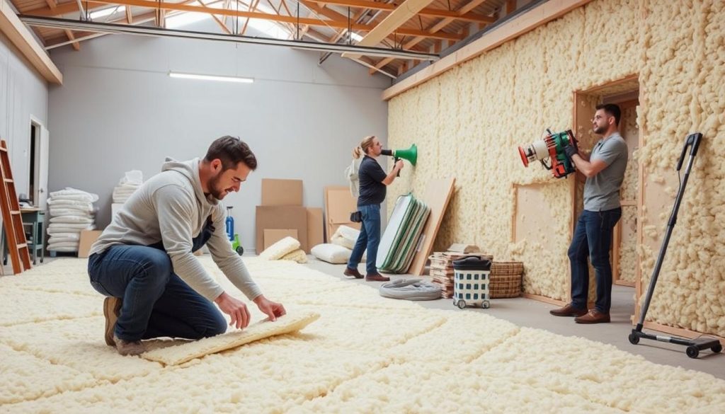 A well-lit workshop interior showcasing the various methods of eco-friendly insulation installation. In the foreground, a worker carefully lays down cellulose insulation, their movements captured in a dynamic pose. In the middle ground, another worker uses a specialized blower to expertly apply the insulation to wall cavities. The background reveals a neatly organized workspace with various insulation materials and installation tools, conveying a sense of efficiency and expertise. The overall scene emphasizes the technical precision and care required for proper ecological insulation methods, creating an informative and visually engaging image.