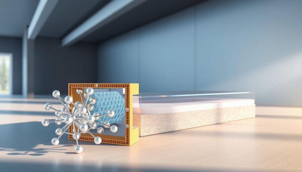 Coefficients résistance diffusion vapeur: A detailed technical illustration showcasing the key parameters governing water vapor diffusion through building materials. A cross-section of a wall assembly, rendered with precision and clarity. The foreground highlights the molecular-scale interactions, while the middle ground depicts the material properties and layering. The background provides context with clean architectural lines and subtle gradients, creating a sense of depth and technical sophistication. Lighting is directional, casting soft shadows to accentuate the textural details. The overall composition conveys the scientific principles underlying vapor permeance in a visually compelling manner.