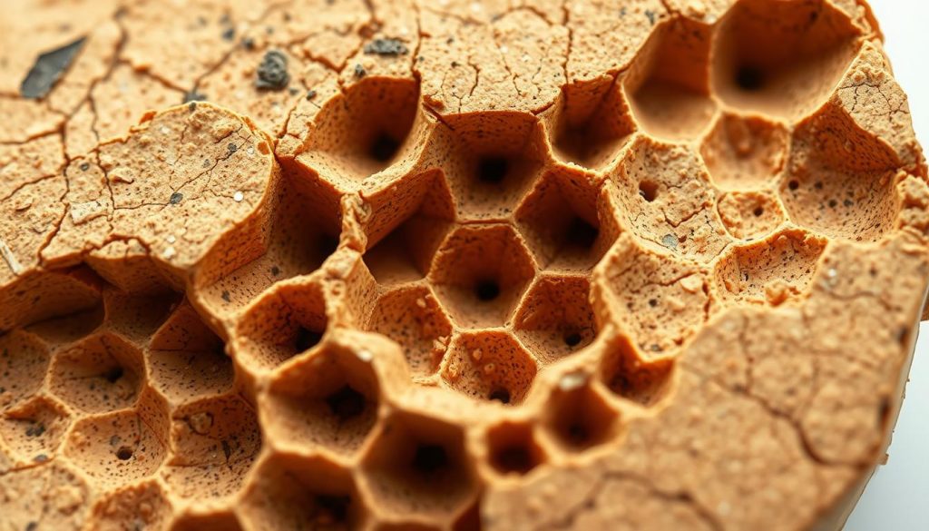Detailed cross-section of cork cell structure, magnified to reveal intricate patterns and textures. Crisp, high-definition rendering showcasing the unique honeycomb-like configuration of the cellular walls, showcasing the natural insulating and waterproof properties of cork. Warm, earthy tones complemented by muted highlights, conveying the organic nature of this sustainable material. Composition emphasizes the harmonious geometric arrangement of the cells, creating a visually captivating and informative illustration to highlight the remarkable properties of cork.