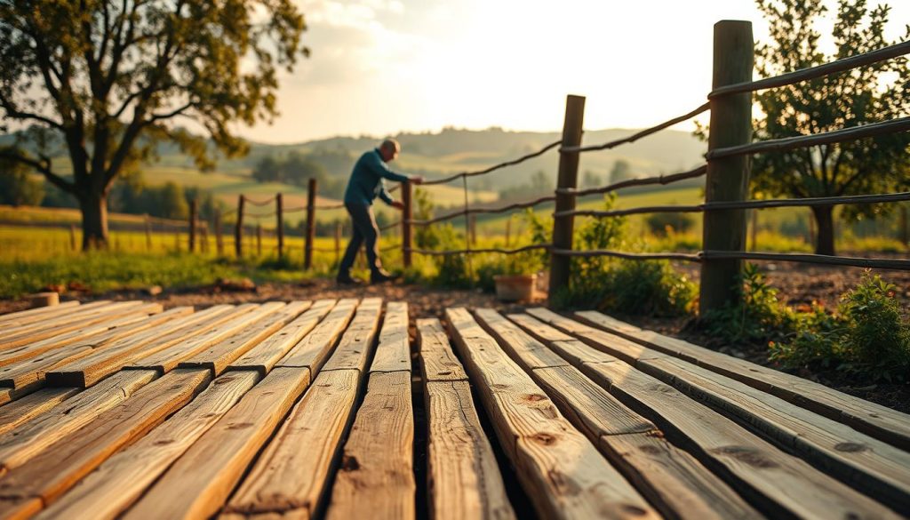 Preparing a rustic wooden fence: A detailed scene depicting the setup process. In the foreground, an array of wooden slats, or "ganivelles", lie neatly arranged, their natural grain and knots visible. In the middle ground, a skilled worker carefully measures and aligns the fence posts, ensuring precise positioning. The background features a tranquil rural landscape, with rolling hills, verdant trees, and a warm, golden-hued sky, conveying a sense of peaceful rusticity. The lighting is soft and diffused, creating gentle shadows and highlights that accentuate the textures of the materials. The overall atmosphere evokes a traditional, handcrafted approach to fence installation, perfect for the "Préparation du matériel et du terrain" section of the article.
