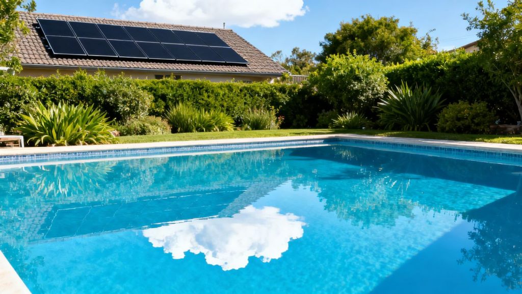 Panneaux solaires sur un toit près d'une piscine