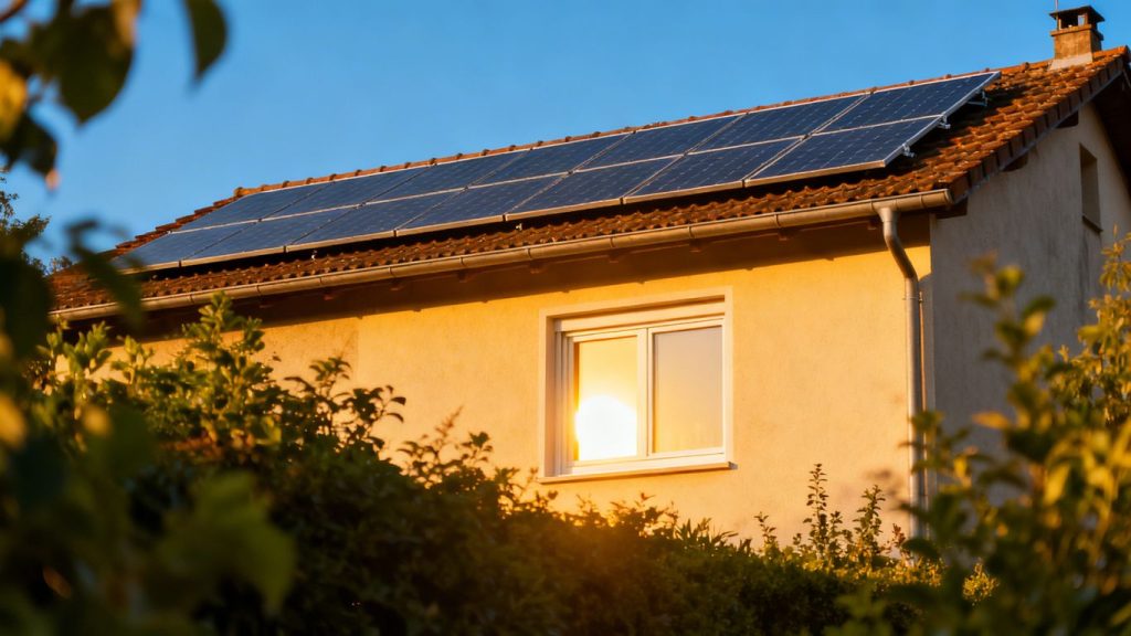 Panneaux solaires sur un toit avec une maison ensoleillée.