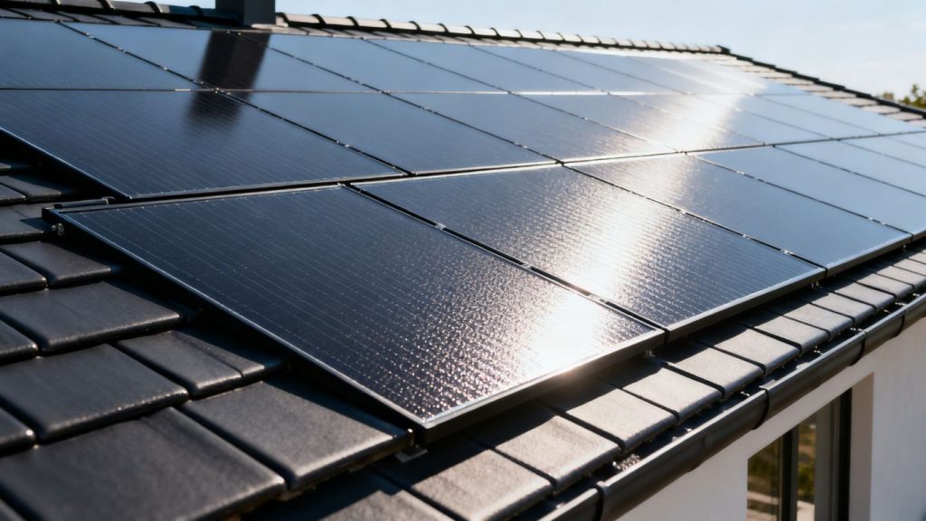 Tuiles solaires intégrées sur un toit de maison moderne.