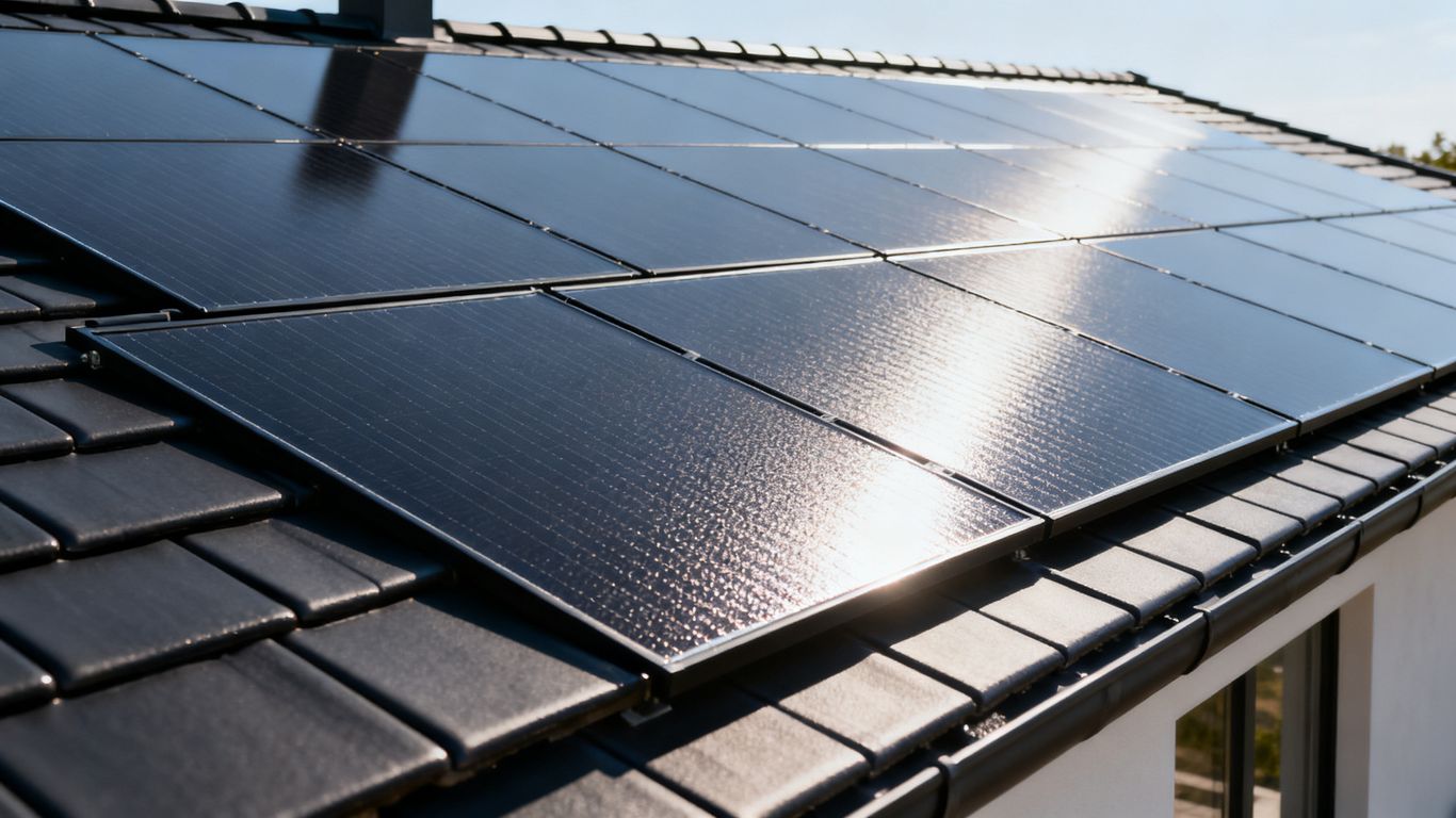 Tuiles solaires intégrées sur un toit de maison moderne.