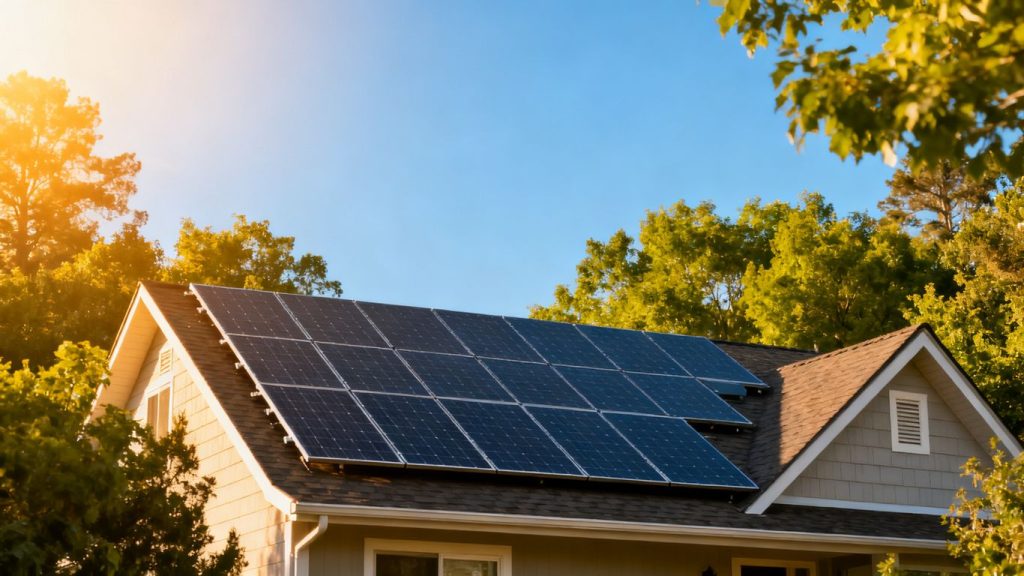 Maison avec panneaux solaires sous un ciel bleu.